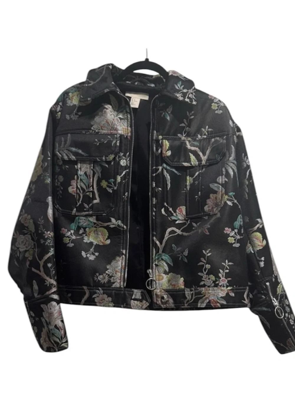 H&M Black Floral Denim Jacket Oversized Cropped Statement Botanical Print - Picture 2 of 7
